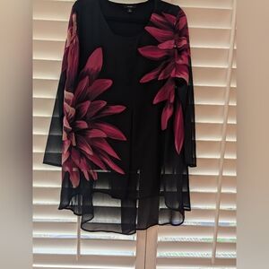 Women's Black Tunic with Pink Floral Design Sheer Overlay Sz XL
